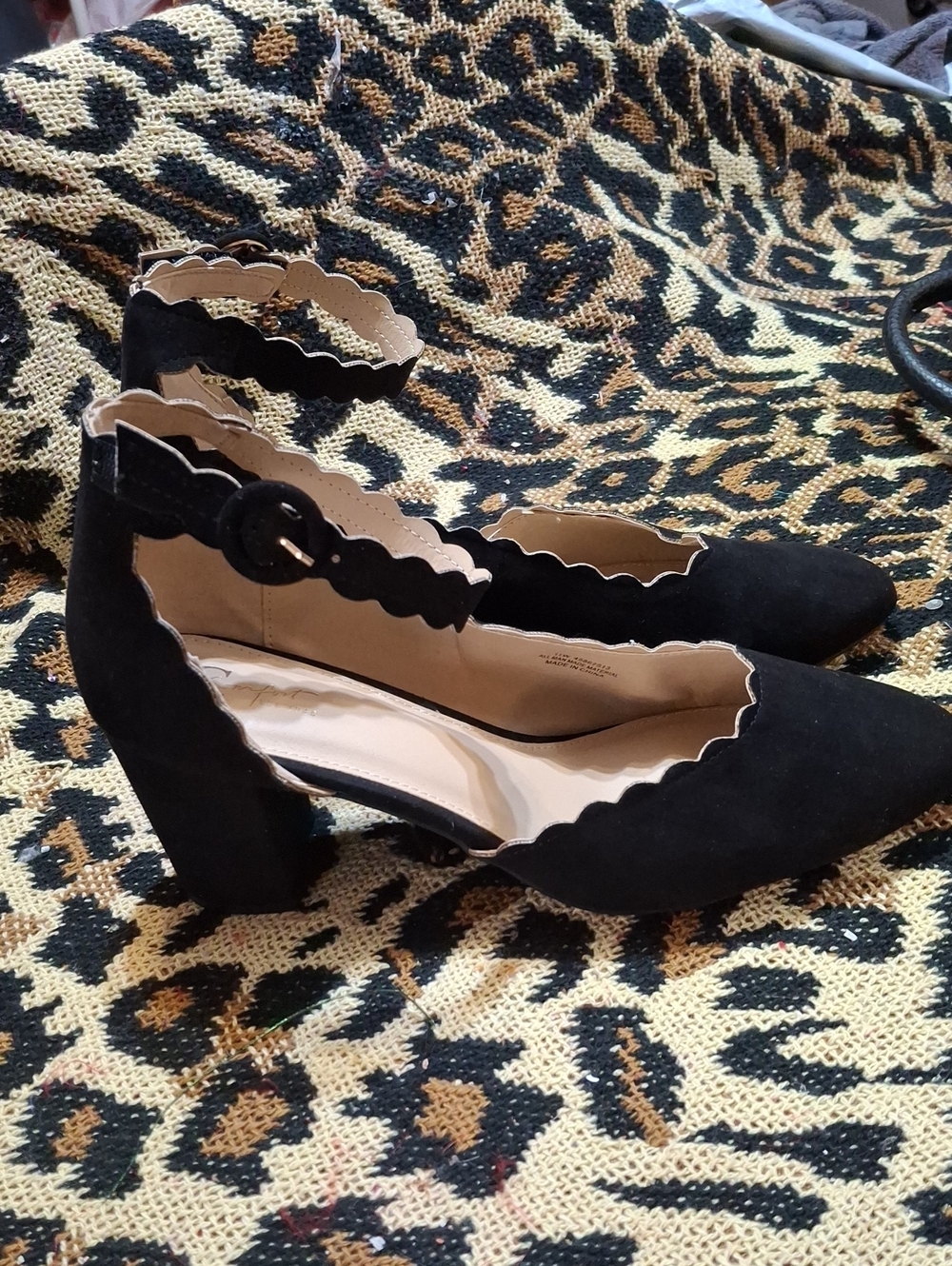 Scalloped Ankle-Strap Black Block Heel Pumps